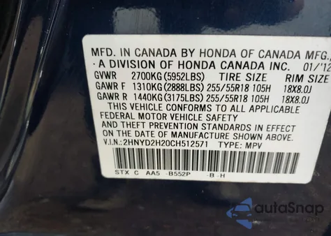 2012 Acura Mdx from USA, damaged, VIN 2HNYD2H20CH512571
